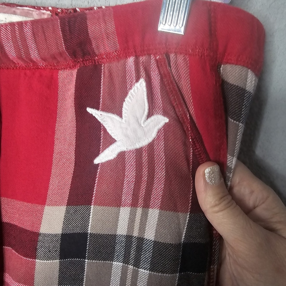 Aerie Womens Red Plaid Pajama Pants Polka Dot Trim Button Tab Cuffs Small Bird - Picture 10 of 11